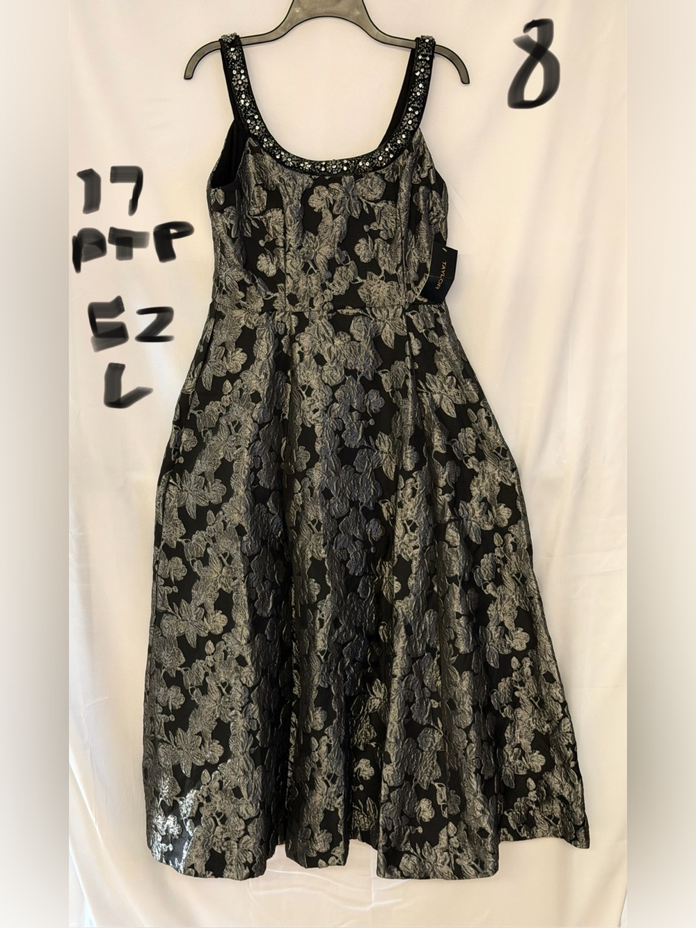 Taylor Black Dress with Silver Floral Jacquard and Beaded Neckline